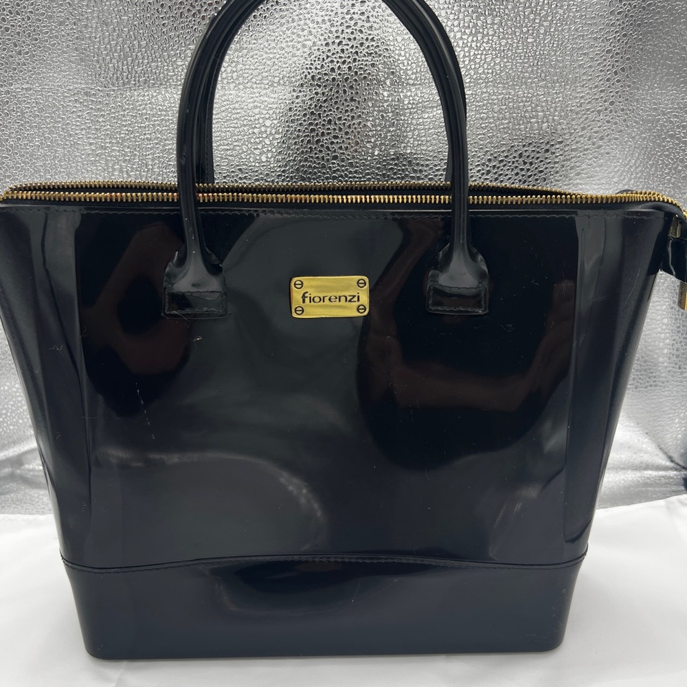 Glossy Black Structured Tote with Gold Hardware